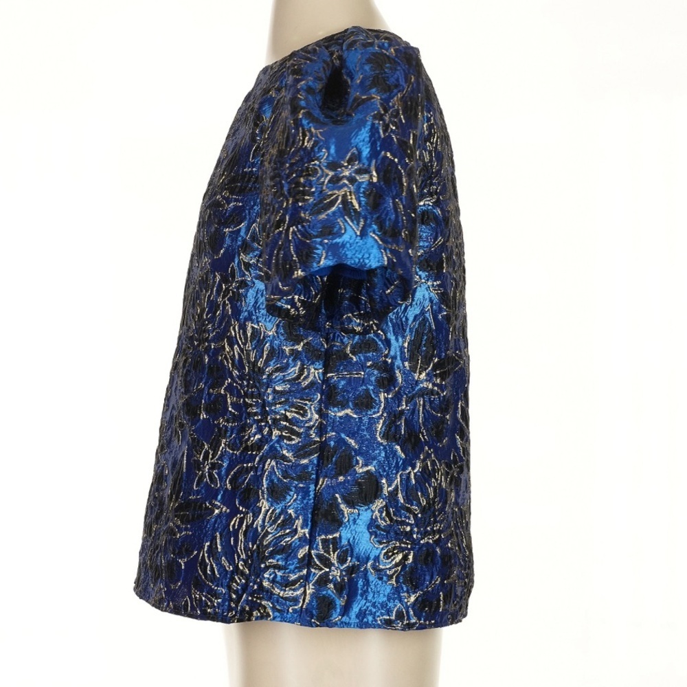 Lilly Pulitzer Pratt Brocade Top Blue Grotto Twilight Floral Gold Puff Sleeve S - Picture 4 of 5